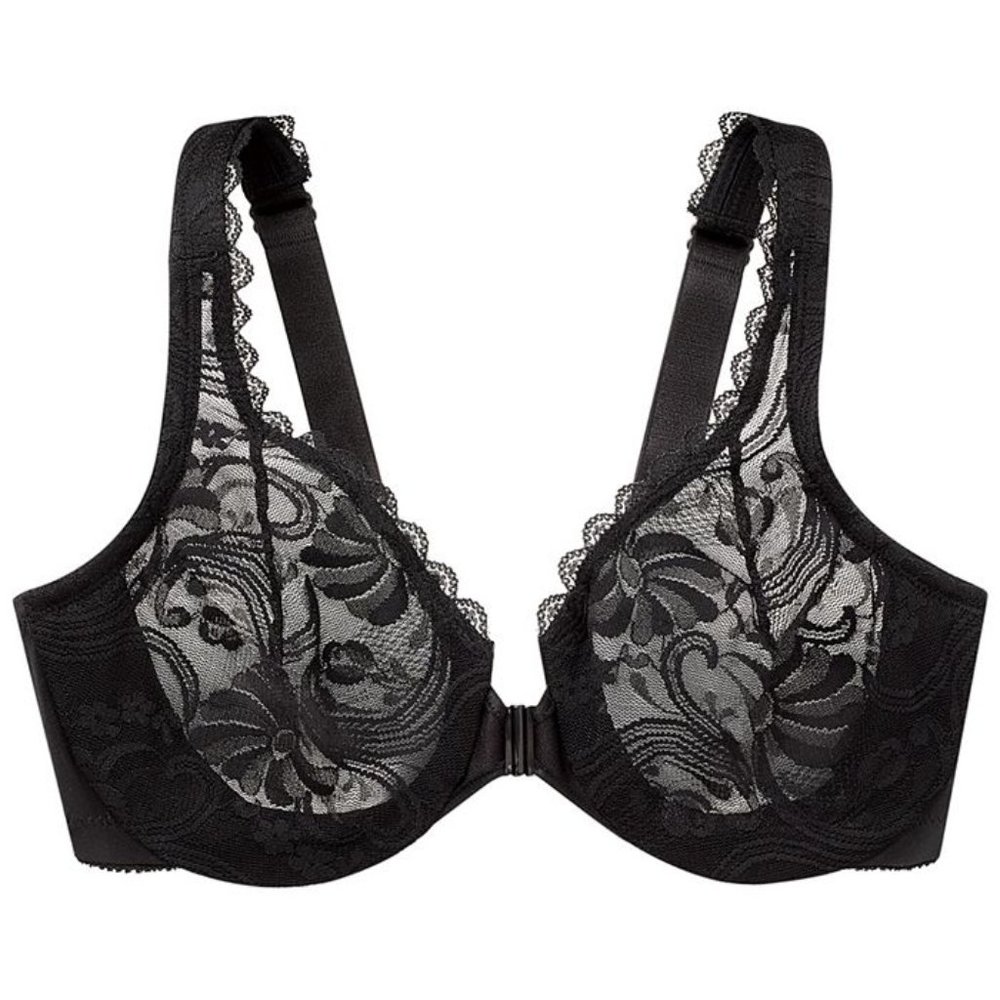 NWT Glamorise Wonderwire Front Close Bra Black Lace